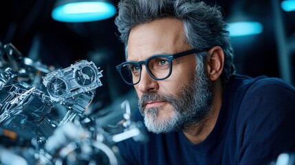 Close up of confident expert analyzing detailed models with focus and precision, showcasing creativity and innovation in design