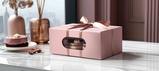 Elegant Plum Cake Box with Ribbon on Marble Countertop for Gourmet Presentation and Gift Packaging