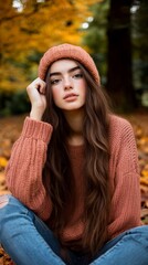 Naklejka premium Young Woman Autumn Leaves Forest Fall Fashion Photography