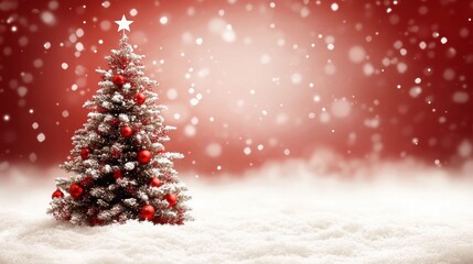 Obraz premium Snowy Christmas Tree with Red Ornaments Against a Festive Red Background