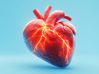 Atrial fibrillation concept. A detailed depiction of a human heart, highlighting its structure with electric sparks, representing vitality and energy