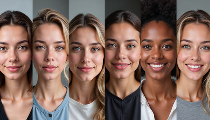 Diverse women showcasing different smiles and beauty in a portrait collection