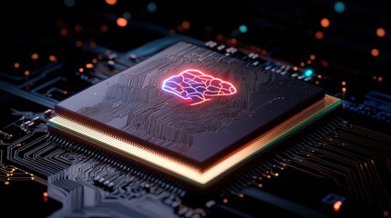 AI brain concept; glowing brain on microchip.
