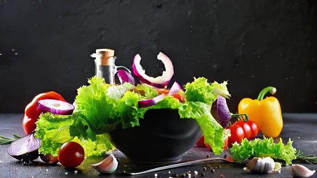 frischer gemischter Salat der in eine Sch&uuml;ssel f&auml;llt 