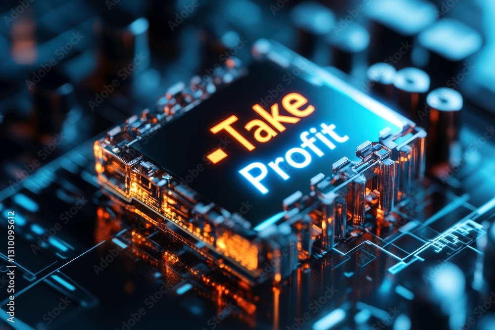 Poster close up view of digital display showing take profit on circuit board, symbolizing trading strategie