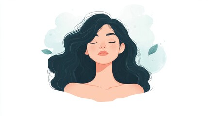 Serene Woman with Freckles and Wavy Hair, Eyes Closed in a Dreamy State with a Leafy Backdrop