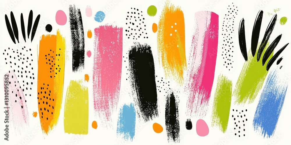 Poster colorful abstract brush strokes create vibrant and playful design, featuring various shapes and text