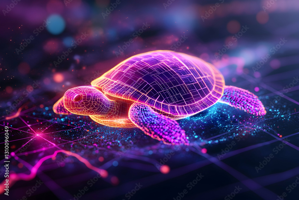 Poster wireframe turtle on digital grid.