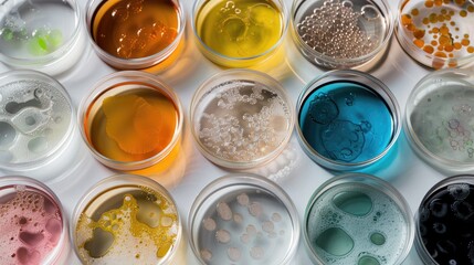 Background with сolorful microbial cultures in laboratory petri dishes showcasing diverse biological growth