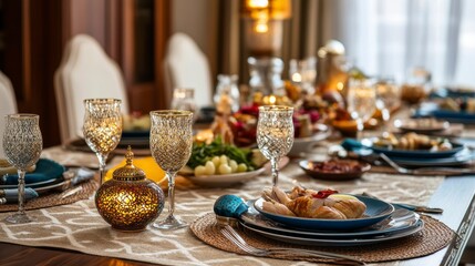 Festive dining table, Moroccan-inspired, delicious food, elegant setting