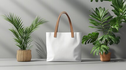 White Tote Bag, Plants, Gray Background