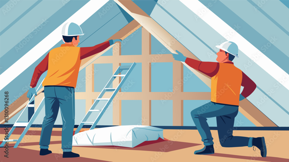 Poster two workers using a specialized tool to and install reflective foil insulation in the attic of a new