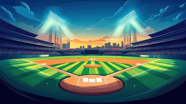 Night baseball stadium, game, field, lights.