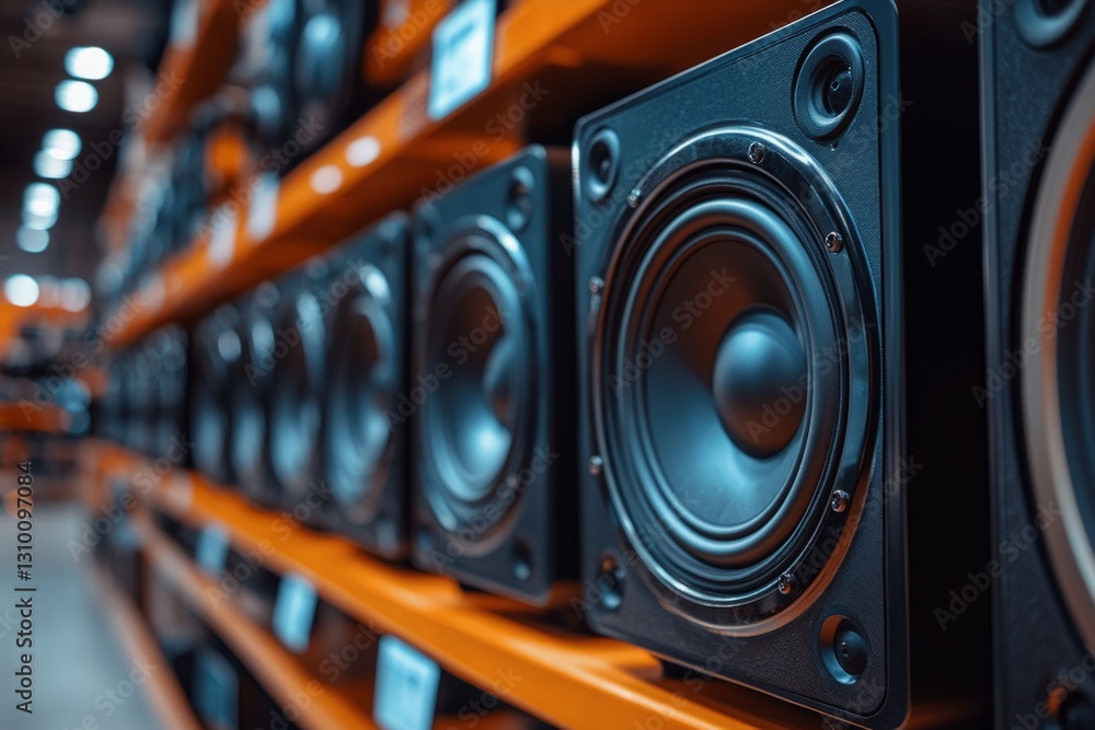 Poster rows of powerful loudspeakers are waiting for customers in an electronics store