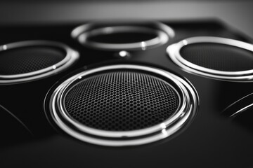 Shiny black audio speakers with honeycomb textured metal grilles create immersive sound experience