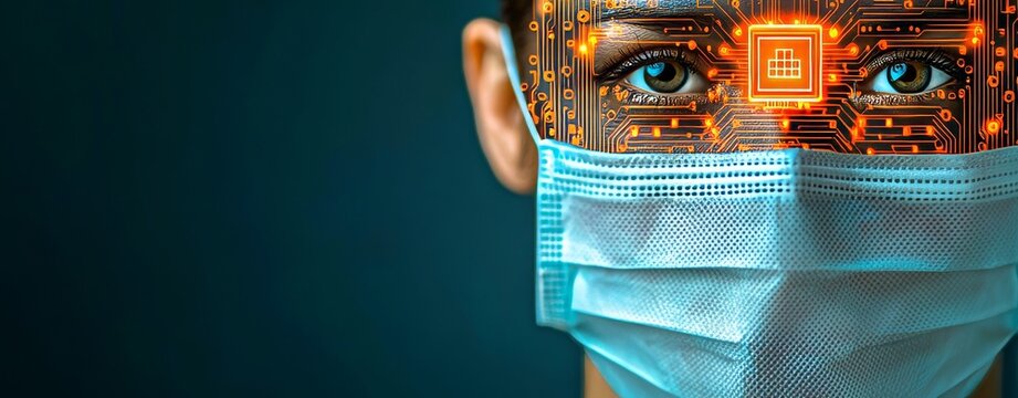 Techniques for cocktail bartending. The concept of AI in healthcare cybersecurity. A close-up of a futuristic woman with a digital mask featuring circuit patterns and glowing elements