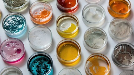 Background with сolorful microbial cultures in laboratory petri dishes showcasing diverse biological growth