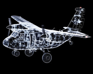 X-ray view of a twin-propeller aircraft, showcasing internal structure and components