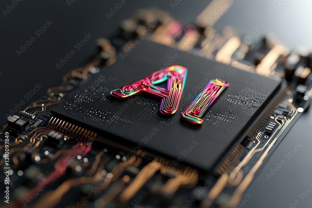 Poster a futuristic microchip with neon illumination and a flowing digital data stream