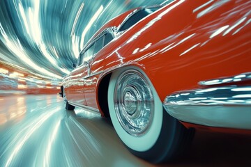 Classic red car speeding in tunnel, creating motion blur effect, showcasing speed and vintage style
