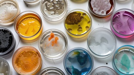 Background with сolorful microbial cultures in laboratory petri dishes showcasing diverse biological growth