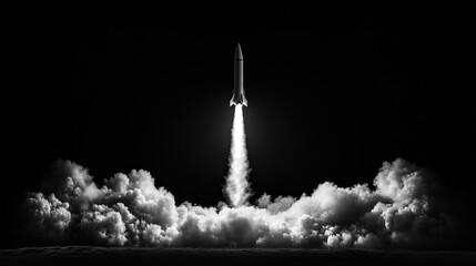 A ballistic missile launch captured in isolation against a black background.