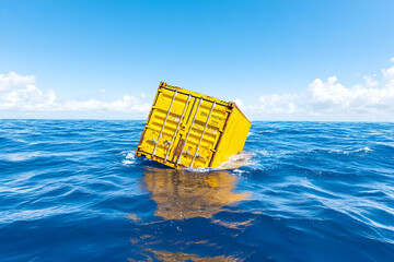 Yellow shipping container partially submerged in ocean.