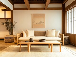A cozy living room showcases natural wood furniture and traditional decor