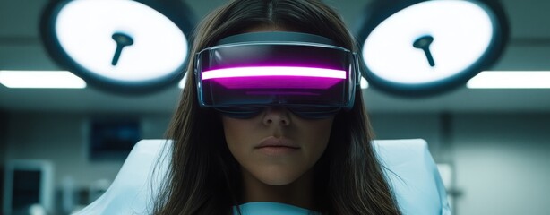 The concept of telemedicine and health technology access. A medical professional in protective gear with modern surgical lighting in an operating room