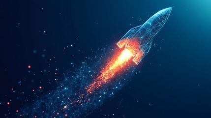 A conceptual digital illustration of a rocket launching into outer space, symbolizing business growth and acceleration, designed in a low-poly wireframe style on a technological blue background.