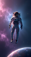 Obraz premium An astronaut floats in space against a backdrop of vibrant nebulae and a distant planet, exuding a sense of wonder and exploration