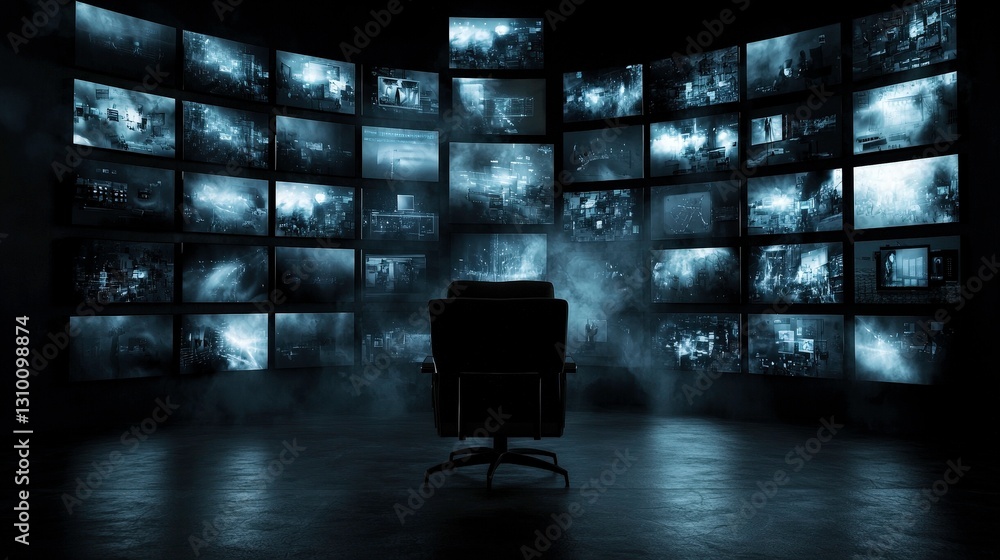 Poster dark room filled with multiple screens displaying various images, creating mysterious atmosphere