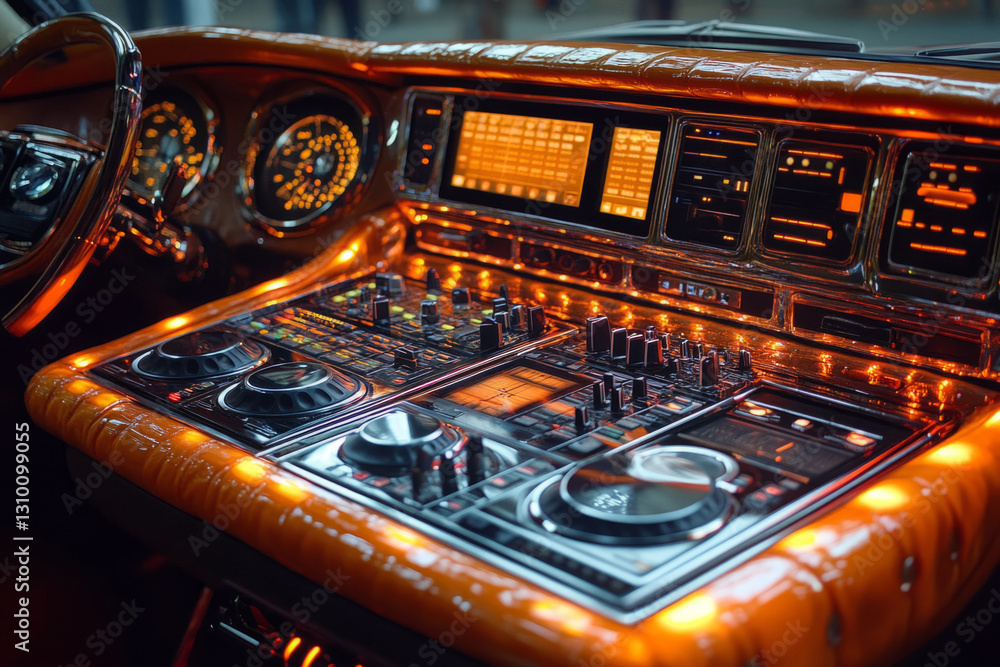 Aufkleber close-up of a custom car dashboard integrating a professional dj setup, illuminated by an ambient or