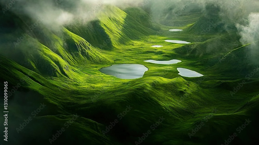 Poster an aerial view of a lush mountain range with a serene lake nestled at its center and fluffy clouds a