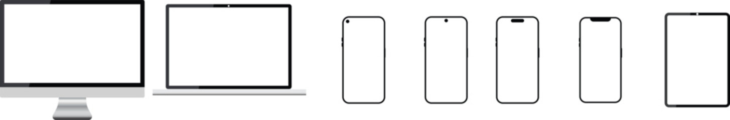 Set of Realistic computer laptop smartphone with transparent screen. Tablet gadget template, Group PC laptop mobile devices mockup. I phone iPad and mac LCD presentations wallpaper design