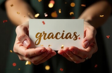 Hands holding golden Gracias card with falling confetti