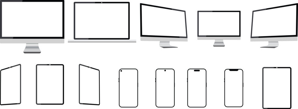 Set of Realistic computer laptop smartphone with transparent screen. Tablet gadget template, Group PC laptop mobile devices mockup. I phone iPad and mac LCD presentations wallpaper design