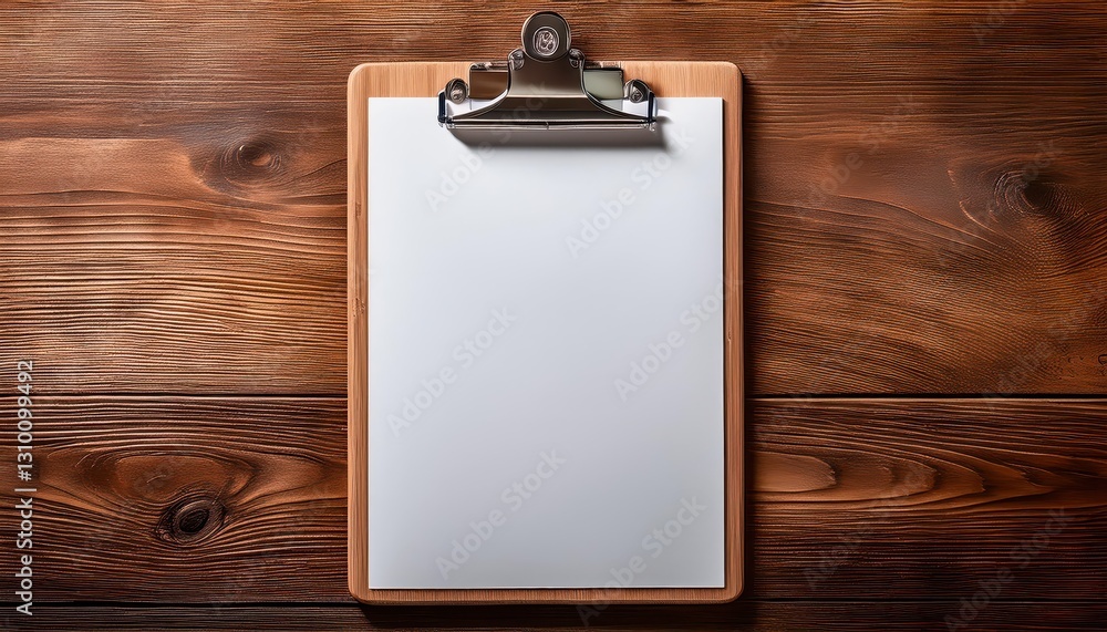 Poster empty clipboard on rustic wooden table a minimalist scene set against a natural backdrop, invoking t
