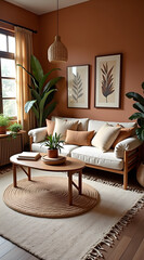 A cozy living room features a white sofa adorned with pillows, a round coffee table, plants, and earthy-toned decor creating a warm, inviting atmosphere