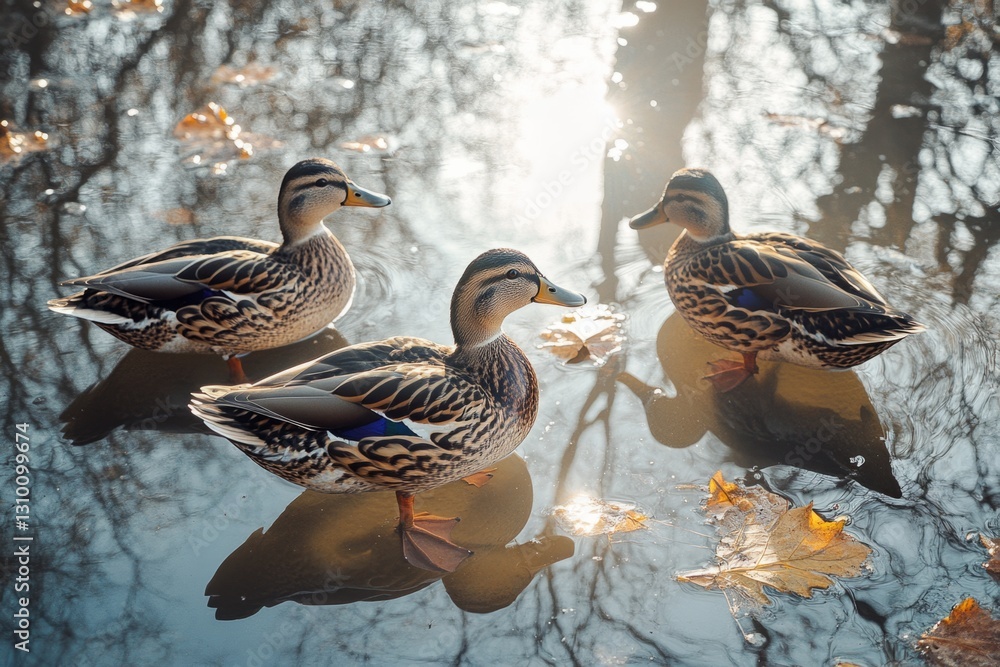 Poster three ducks standing in shallow water with autumn leaves and sun reflection, creating a serene and p