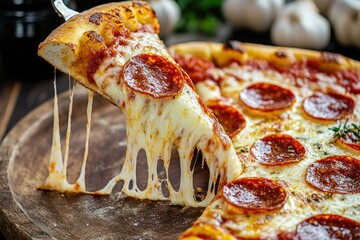 Delicious Pepperoni Pizza Slice Close-Up with Cheese Stretching
