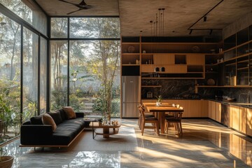 Fototapeta premium Contemporary living room design featuring a black sofa and rattan furniture