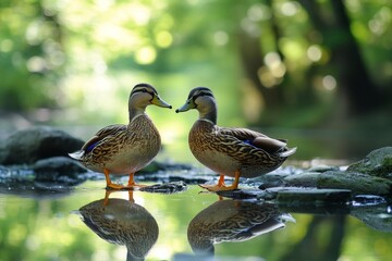 Fototapeta premium Two ducks are standing on rocks near the shore of a pond, enjoying the peaceful atmosphere and reflecting in the water