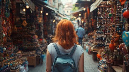 Fototapeta premium Market Wanderer: Redhead's Journey Through a Vibrant Bazaar of Trinkets & Treasures