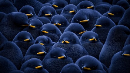 Obraz premium A cluster of yellow-beaked penguins stands amidst a sea of dark blue penguins, all with yellow beaks
