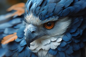Fototapeta premium Close-up of northern crested caracara's head showing blue, white and orange feathers and orange eyes