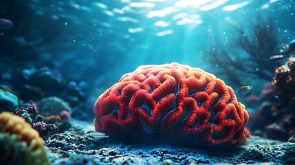 Obraz premium Ocean-floor brain coral reef sunlit scene, underwater