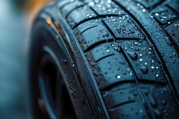 Wet car tire tread with water droplets glistening on its surface after a rain shower