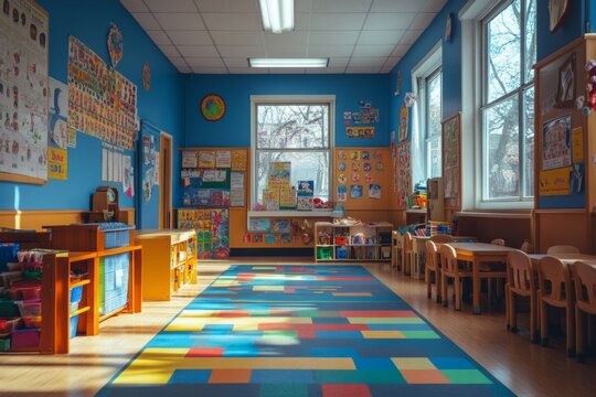 Sunlight streams into a vibrant, empty playroom filled with colorful educational materials, toys, and small furniture, ready to welcome children