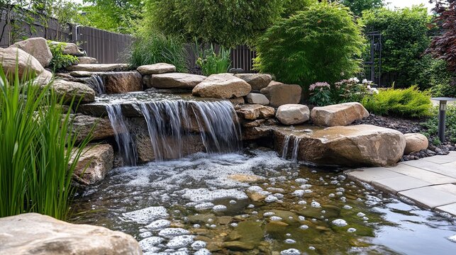 Tranquil garden waterfall cascading over natural rocks into clear pond surrounded by lush greenery